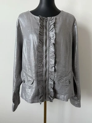 Chaqueta para mujer Lane Bryant 16 metálica plateada con volantes cremallera bolsillos delanteros nueva sin etiquetas nueva Foto 1 de 4