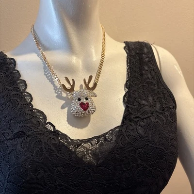 NEW Betsey Johnson Red Nose Reindeer Pendant Gold Tone  Necklace Christmas - Image 1 of 4