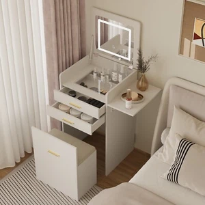 Modern Dressing Vanity Table Set with LED Mirror Stool Side Panel 2 Drawers - Picture 1 of 12