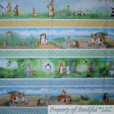 BonEful FABRIC FQ 棉被子 彩虹条纹 边框 蓝色 蜂蜜 兔子 — 第 1/4 张图片