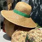 VINTAGE GRASS STRAW  Sun Hat  SUNHAT WIDE LARGE BRIM MEDIUM GREEN BAND 40s 50s