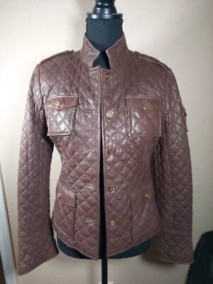 Chaqueta para mujer Tory Burch acolchada de cuero marrón usada en excelente estado botones dorados estilo militar Foto 1 de 4