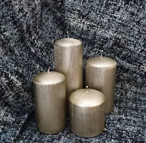 BRUSHED METAL EFFECT PILLAR CANDLES IN GOLD / GOLDEN COLOUR - Picture 1 of 11