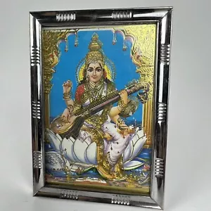 Antique Vintage Old Print Hindu Religious Goddess Saraswati Framed Wall Gold - Picture 1 of 9