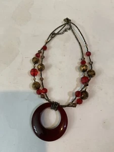 Lia Sophia  Necklace With Oval Shaped Red Bronze Pendant And Beads. - Picture 1 of 2