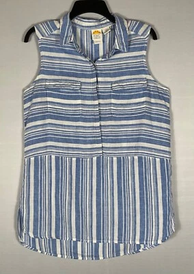 C&C California Tank Top Womens Large Blue Striped Linen Button Front Sleeveless - Image 1 of 4