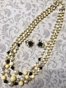 Vintage Retro Japan gelb schwarz metallic Kunststoff Glas 3 Ebenen Halskette Ohrringe Set - Bild 1 von 7