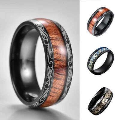 Black Tungsten carbide Ring Koa Wood Inlay Dome Wedding Band Men's Jewelry 8mm - Image 1 of 4