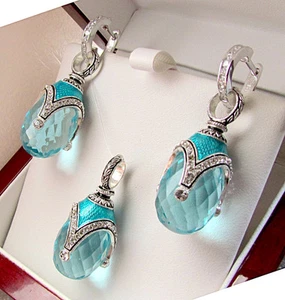 SALE ! OUTSTANDING ENAMEL PENDANT & EARRINGS SET STERLING SILVER 925 AQUAMARINE - Picture 1 of 1