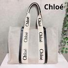 Chloe Woody Tote Bag Canvas Beige Authentic F1210235