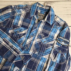Camisa de manga larga Affliction para hombre mediana azul a cuadros metal botón puntada gruesa - Imagen 1 de 11