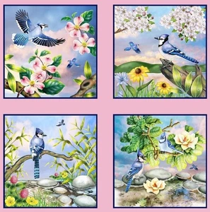 BTY Feather Friends Blue Jay Birds Floral Pink Block Prints Cotton Fabric - Picture 1 of 3