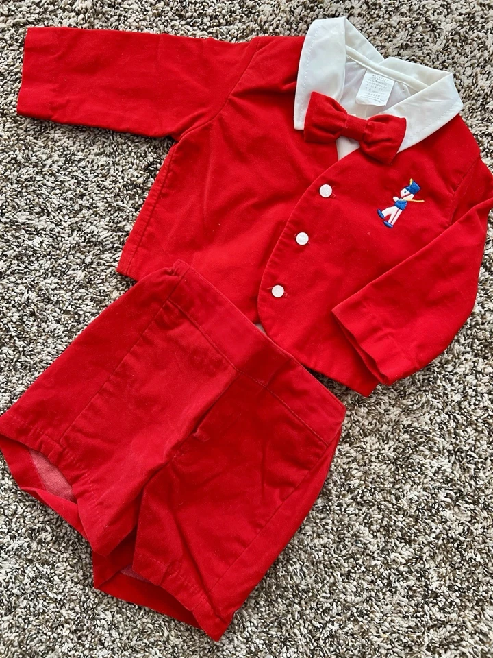 Vintage Infant 3-6 Mo Boy Christmas Red Velveteen Jacket Shorts White Shirt Tie - Image 1 of 1