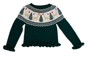 Tahari Mädchen Weihnachtspullover 2T grün beige Rentier Baum Rüschen - Bild 1 von 3