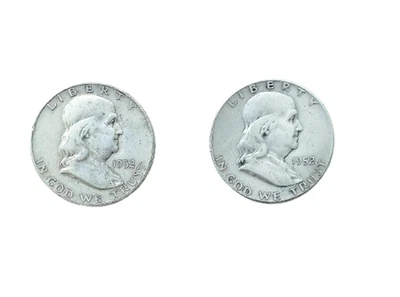 Benjamin Franklin 2 MONETE MEZZO DOLLARO IN ARGENTO del 1952 Silver half dollar - Immagine 1 di 4