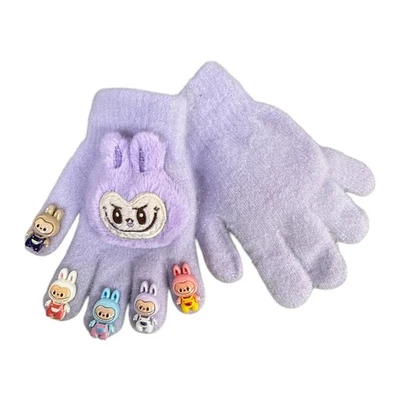 Children’s Purple Knit Gloves with Fun Character Finger Charms – Winter Wear - Image 1 of 2