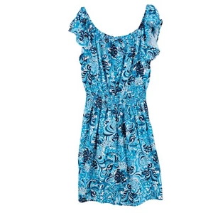 LILLY PULITZER Clarette Dress Flutter Sleeve Resort White Mermazin Blue LARGE - Picture 1 of 7