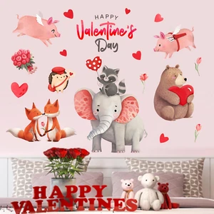 Happy Valentine'S Day Wall Decals Stickers, Valentine Animals Red Love Heart Flo - Picture 1 of 12