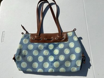 Authentic Dooney & Bourke Aqua-Blue Polka Dot Canvas Handbag Purse w/ Leather - Image 1 of 2