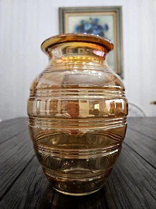 Vintage ANCHOR HOCKING Amber Iridescent Carnival Glass Ribbed Banded Vase - Picture 1 of 5