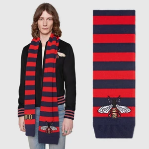 NEW $810 GUCCI Men's Red/Navy Striped LOVED BEE LOGO Wool Long Unisex SCARF NWT - Picture 1 of 12