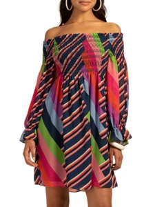 $418 Trina Turk Size M Navy & Multi Polyester Blend Striped Square Neck Dress - Picture 1 of 8