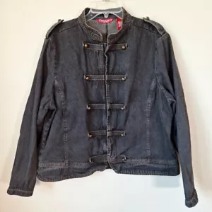 Black Stone Wash Denim Military Style Jean Jacket Epaulettes Women Size 2X - Picture 1 of 8