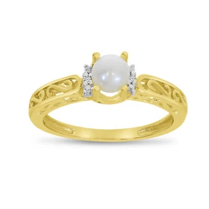14k Yellow Gold Freshwater Cultured Pearl And Diamond Ring - Picture 1 of 6