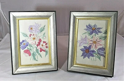 Pair MCM Wood & Metal Frames, Crewel Embroidery Florals, Silver, 1950's - Image 1 of 4