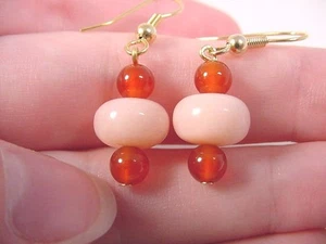 (EE402-1) Pink Peru opal Orange carnelian 14 & 6 mm dangle gold hook earrings - Picture 1 of 1