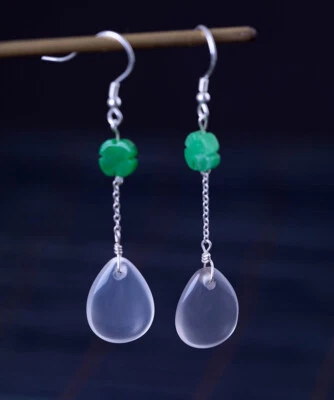 I04 Orecchino A Goccia In Calcedon Bianco Con Foglia Verde In Argento 925 - Immagine 1 di 4