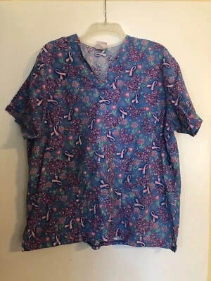 Peaches Uniforms Scrub Top Women XL Blue Pink Ribbon Hearts Breast Cancer - Image 1 of 3