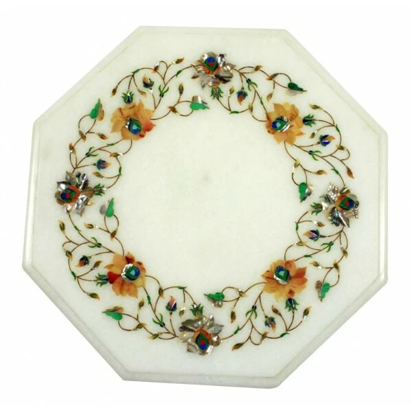 12" Marble Side End Table Top semi precious stones Floral inlay Work Handmade  - Image 1 of 1