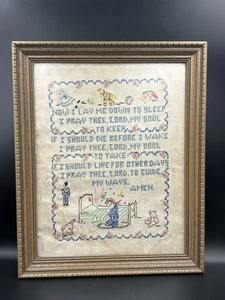 Vintage gerahmtes Kindergebet Kreuzstich Sampler "Jetzt lege ich mich in den Schlaf" - Bild 1 von 8