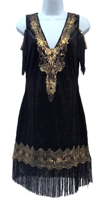 Spirit Flapper Costume Size M Only The Dress Black & Gold Glittered Velvet - Image 1 of 4