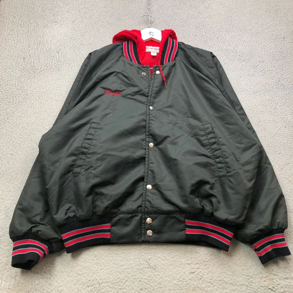复古 80 年代 Wear Guard 校队轰炸机夹克男式大号黑色红色 Snap Hood David — 第 1/4 张图片