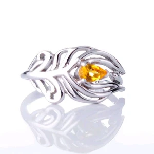 Sterling Silver Citrine Ring Adjustable Size J-T Yellow Peacock Feather November - Picture 1 of 11