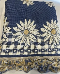 Vintage Blumen Gänseblümchen gewebt Baumwolle Fransen Überwurf Decke Kornblumenblau - Bild 1 von 10