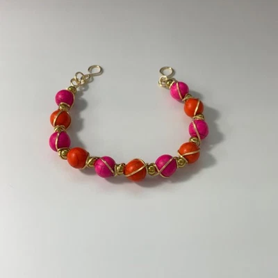Handmade Bracelet with Gold Wire, Fuchsia & Orange Gemstones and Stainless 7.5in - Image 1 of 4