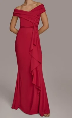 Donna Karan Women Red Asymmetric Formal Lined Long Draped Dress Gown Size 14 - Image 1 of 2
