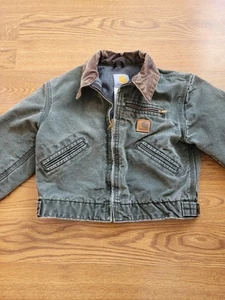 VTG Carhartt YYJ97 MOS Green Faded Detroit Blanket Lined Jacket Youth Medium (8) - Picture 1 of 6