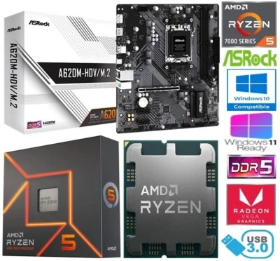 AMD RYZEN 5 7600 BUNDLE - 6 CORE - ASROCK A620M-HDV/M.2 MOTHERBOARD - Image 1 of 4