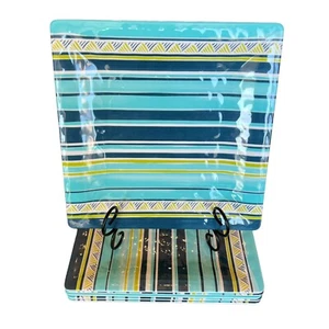 Set x 6 Bobby Flay Melamine 10” Square  Dinner Plates Blue Bohemian Pool Beach - Picture 1 of 12
