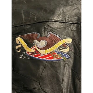 Vintage Black Leather Patchwork Jacket Biker Bomber Embroidered Eagle L - Picture 1 of 7