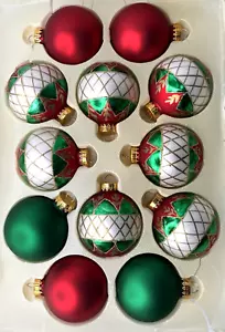 Vintage Designer Studio 2" Glass Christmas Ornaments Red Green Gold White 12 Ct - Picture 1 of 12