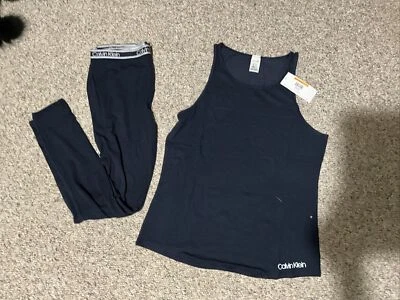 Nuevo conjunto de 2 camisetas sin mangas y leggings lisos Calvin Klein S QP2416O azul marino #96086 Foto 1 de 4