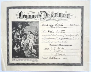 ANTIGUO CERTIFICADO DE GRADUACIÓN DE ESCUELA BÍBLICA PARA PRINCIPIANTES WOODCLIFF LAKE 1910, N.J. - Imagen 1 de 3