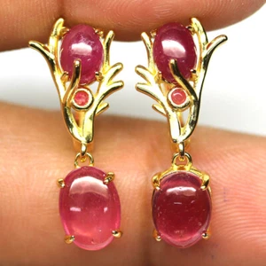 925 Sterling Silver 7 x 9 mm. Red Ruby Earrings 18K Gold Plated - Picture 1 of 4