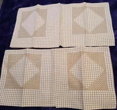 Vintage Cotton Brown & White Gingham with Cross Stitch Napkins Four 17" x 16.5" - Image 1 of 4