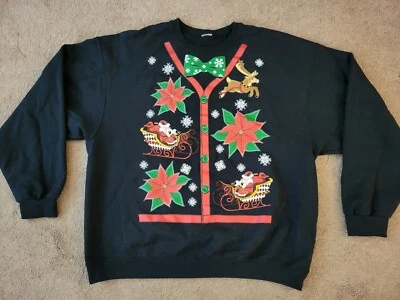 JERZEES Pullover Sweatshirt Santa Reindeer Poinsettia Adult Size 2XL Black VTG - Image 1 of 3